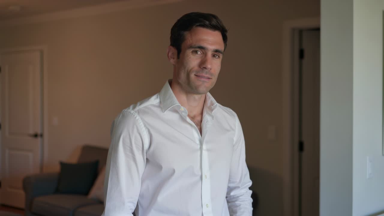 Uomo in camicia bianca che si sposta, girando la testa a destra, mentre la telecamera registra in soggiorno, con divano e porta.