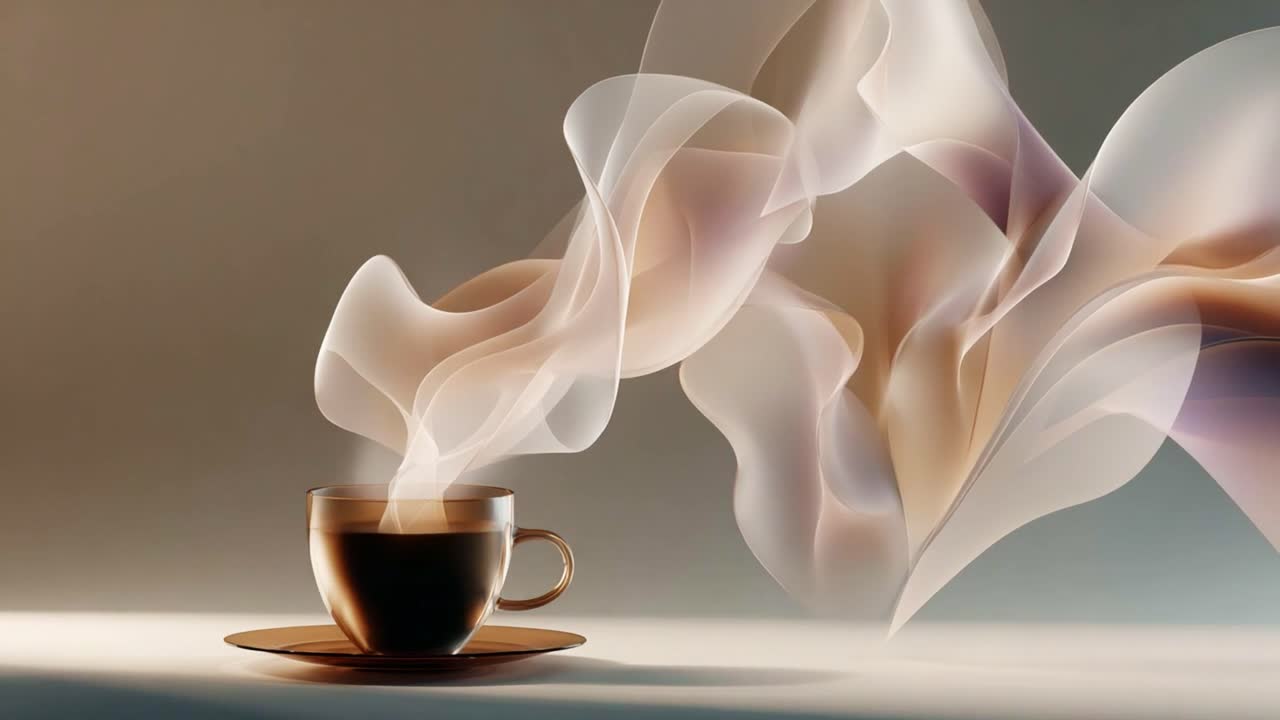 Captivating Flow of Steam: A Brewed Coffee Experience with Ethereal Swirls and Fluid Movement - Discover the Serene Beauty of Aromatic Whispers and Gentle Curves in a Coffee Cup
