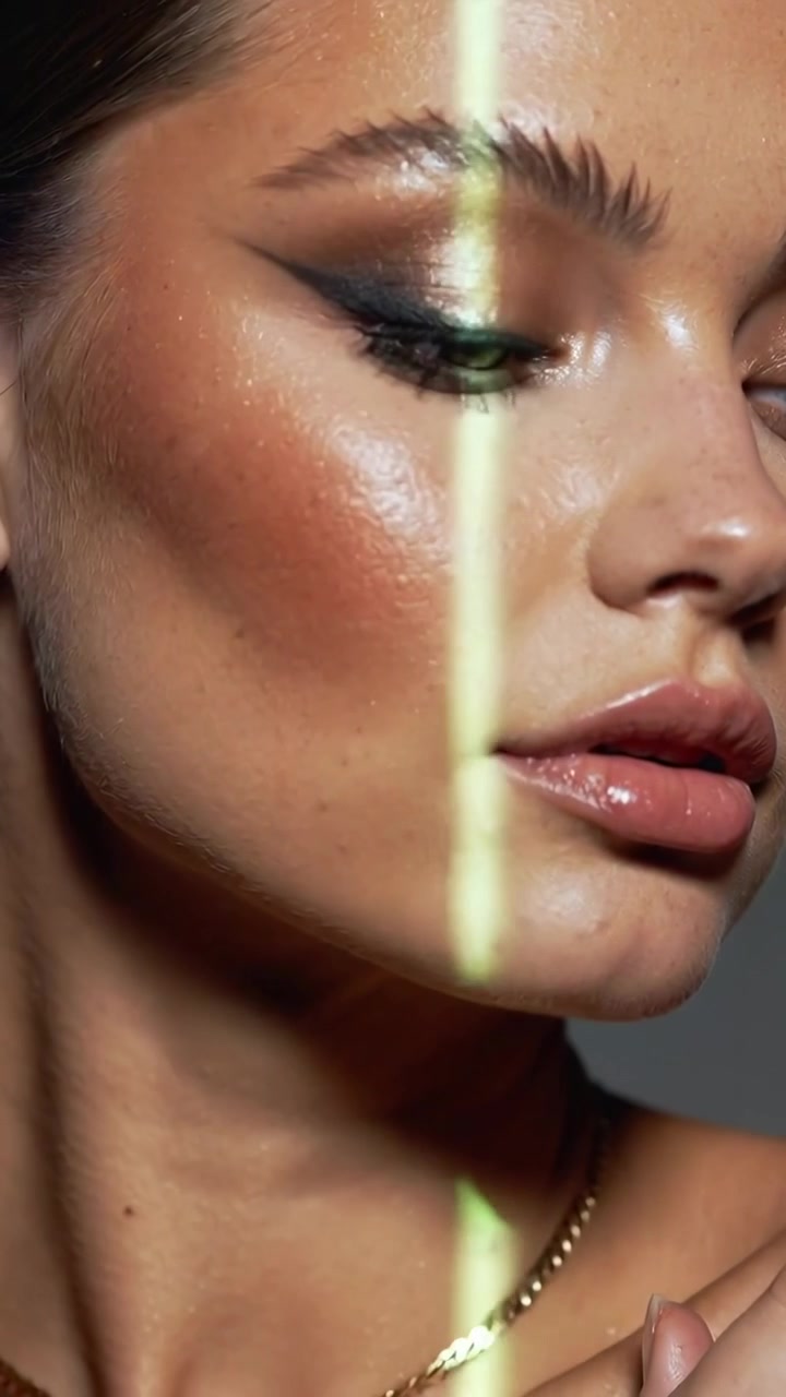 Vertikales Video: Sich drehendes Model posiert für die Kamera, präsentiert Make-up im Studio, Goldkette