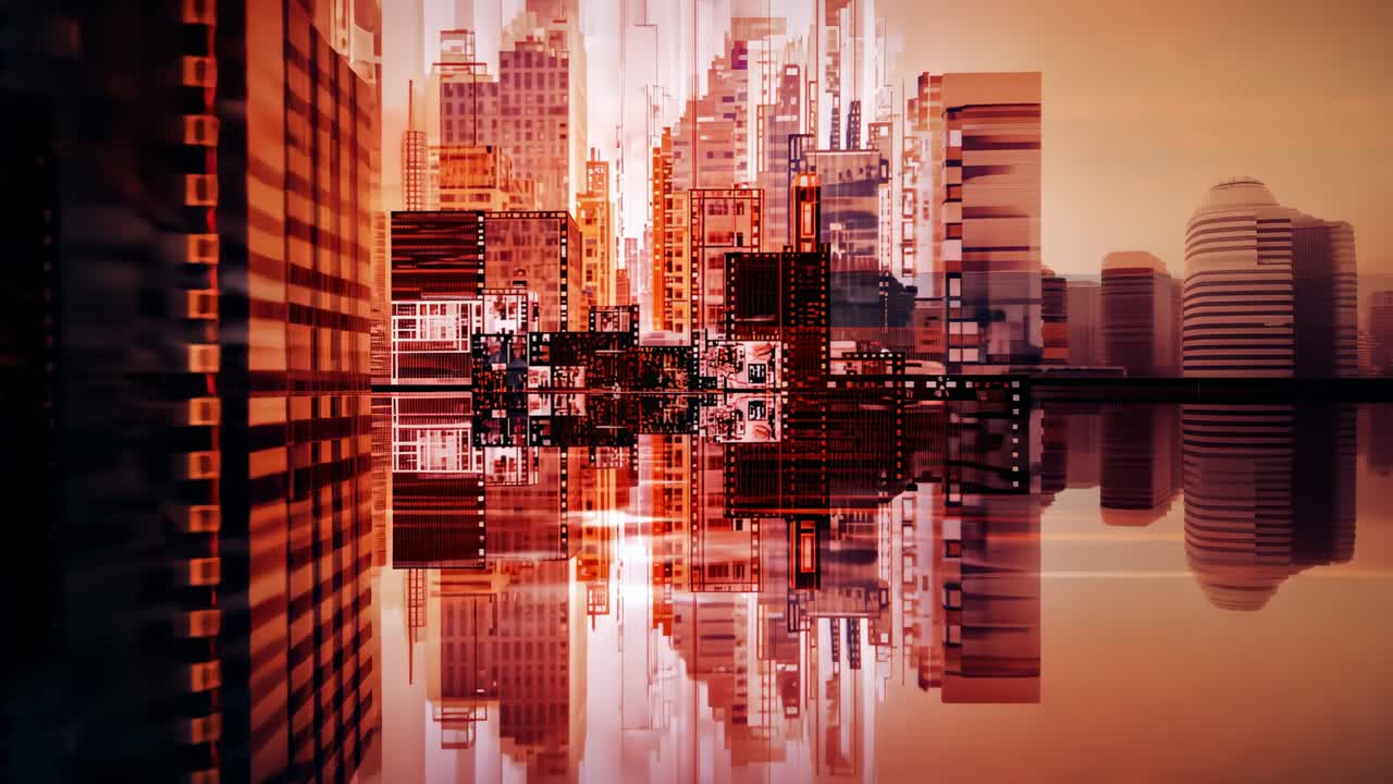Opening skyline mirroring orange waterfront, shifting reflection right and adding glitch overlays