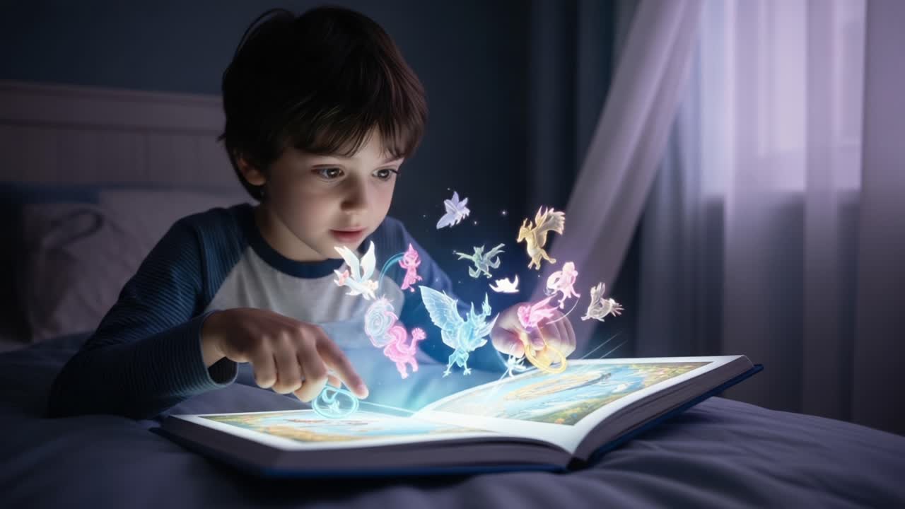 A Fascinated Child Journeying Through Enchantment in a Storybook, Watching Vivid Magical Creatures Emerge with Delight and Wonder on a Cozy Bedtime Evening