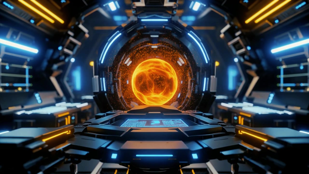 Interno di astronave futuristica con nucleo energetico luminoso