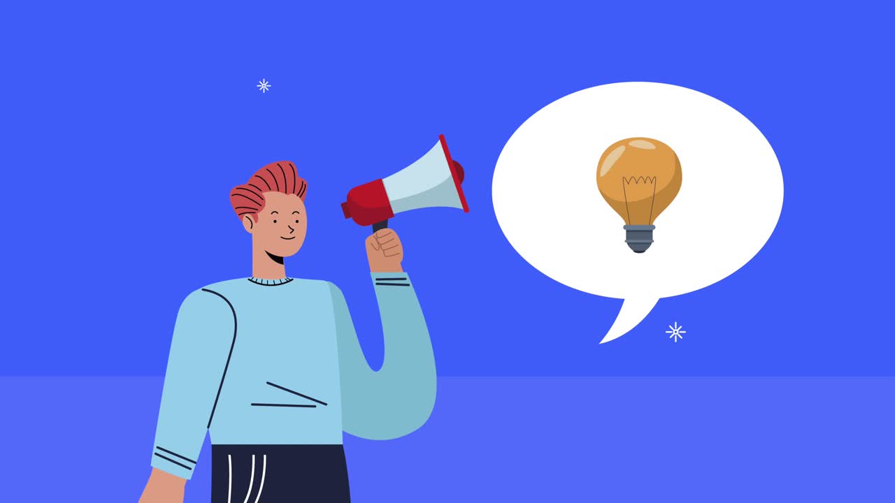 joven empresario con megáfono y burbuja de habla