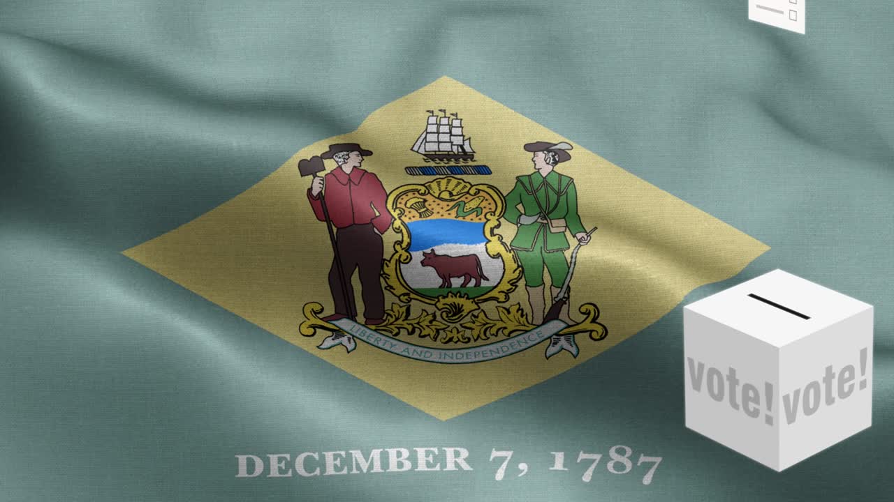 штат делавэр - бюллетени летают в коробку для выбора штата делавэр - избирательная урна перед флагом - выборы - голосование - национальный флаг штат делавэр волновой рисунок цикличные элементы - текстура ткани и бесконечная цикл - штат делавэр цикличный флаг