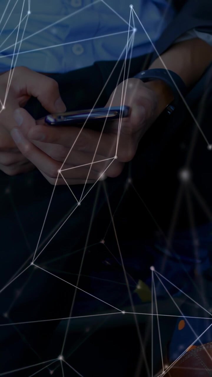 Vertical video: Seated man starting thumb tapping, shifting phone, moving net overlay, showing link