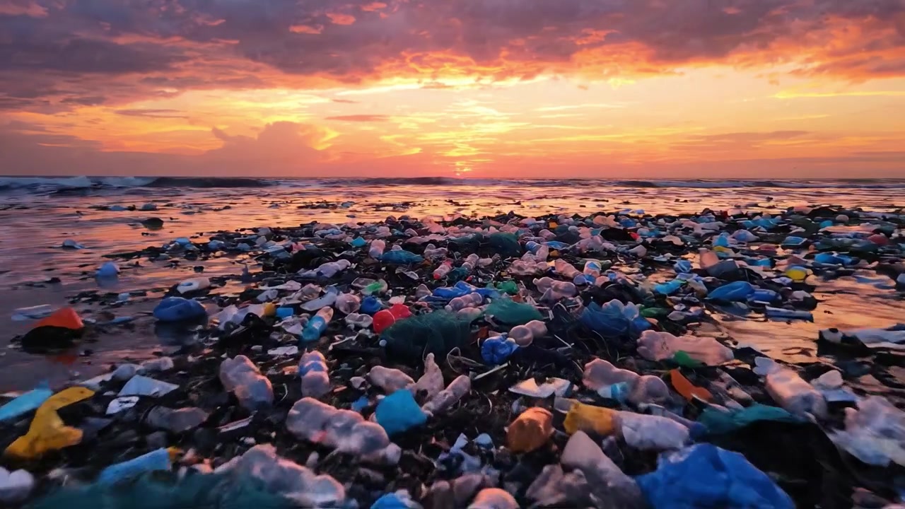 Un Tramonto Mozzafiato su una Spiaggia Inquinata dalla Plastica: Evidenziando la Crisi Ambientale dell'Inquinamento Oceanico e il Suo Impatto sulla Bellezza Naturale