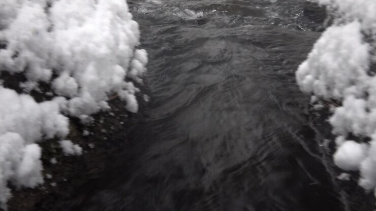River Flowing Through a Snowy Winter Forest Landscape