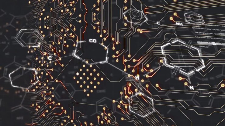 Animazione di formula chimica su una scheda madre di computer su sfondo nero