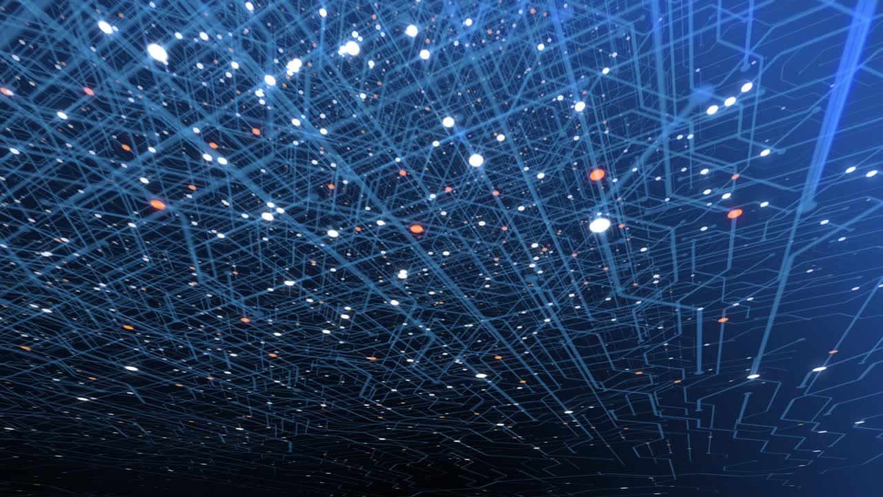 4K seamless loop of print circuit technology cyber and futuristic concept. Circuit Board with moving electrons. CPU processing Data. Futuristic HUD technology Screen Data animation.