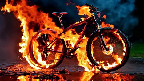 una bicicleta está envuelta por llamas en un fondo oscuro
