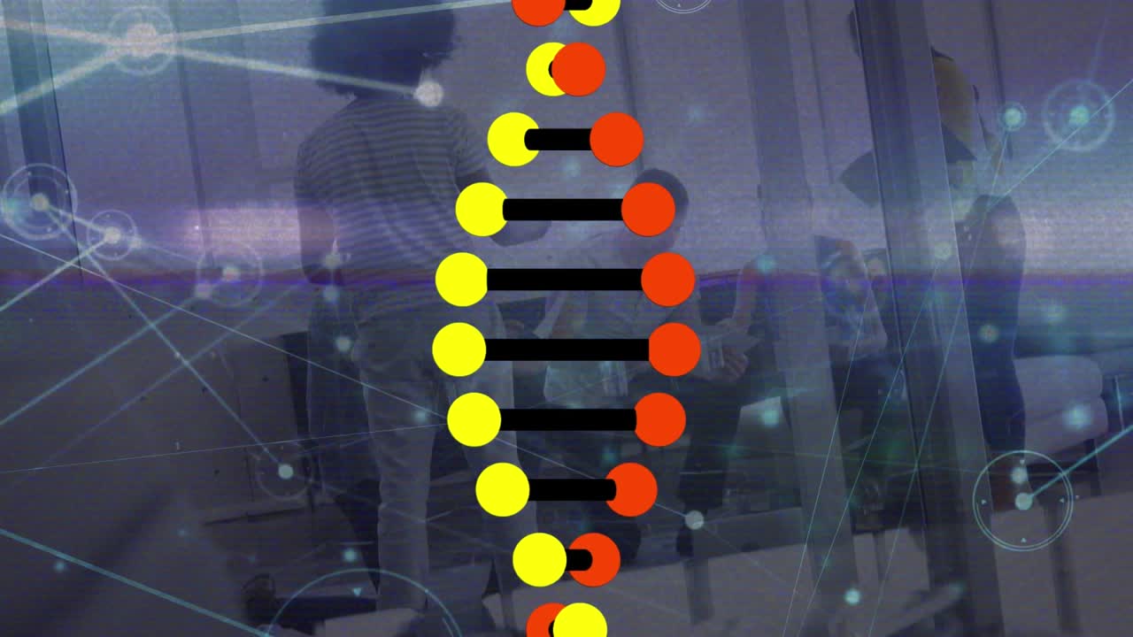 Animation of dna strand, connections and data processing over business people