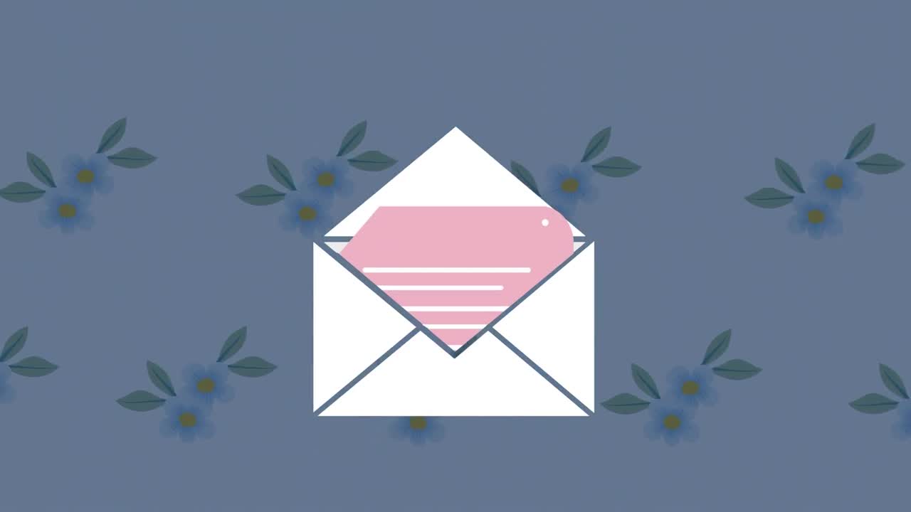 animación de los iconos del sobre y el patrón floral sobre fondo azul