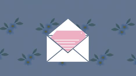Animation-Von-Umschlagsymbolen-Und-Blumenmuster-Auf-Blauem-Hintergrund