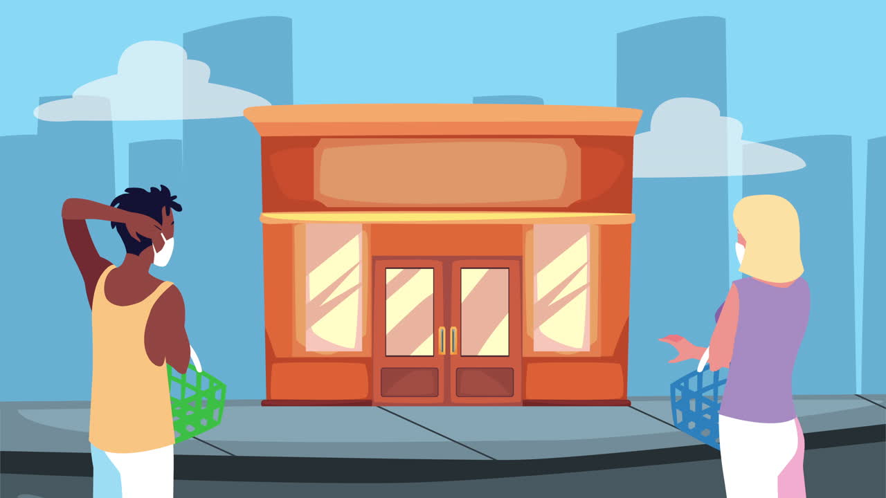 팬데 기간 동안 식료품 가게에서 쇼핑하는 사람들