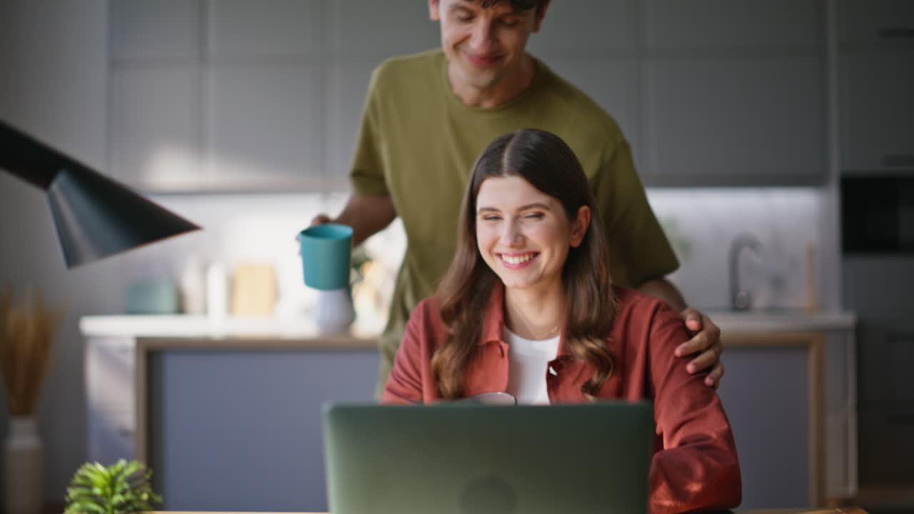 Overjoyed woman waving hand talking laptop virtual chat emotionally closeup