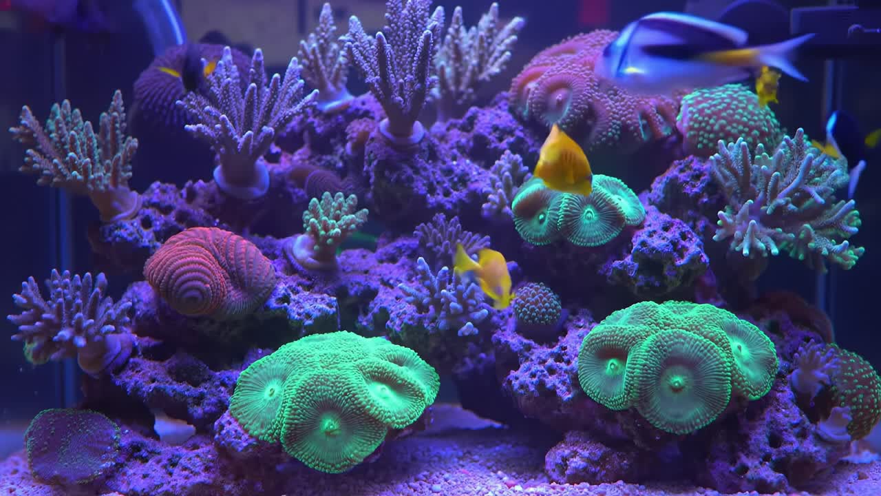 Vibrant Coral Reef Aquarium Scene Featuring Colorful Fish and Lush Marine Life, Illuminated by Soft Purple and Green Lighting for a Captivating Underwater Experience