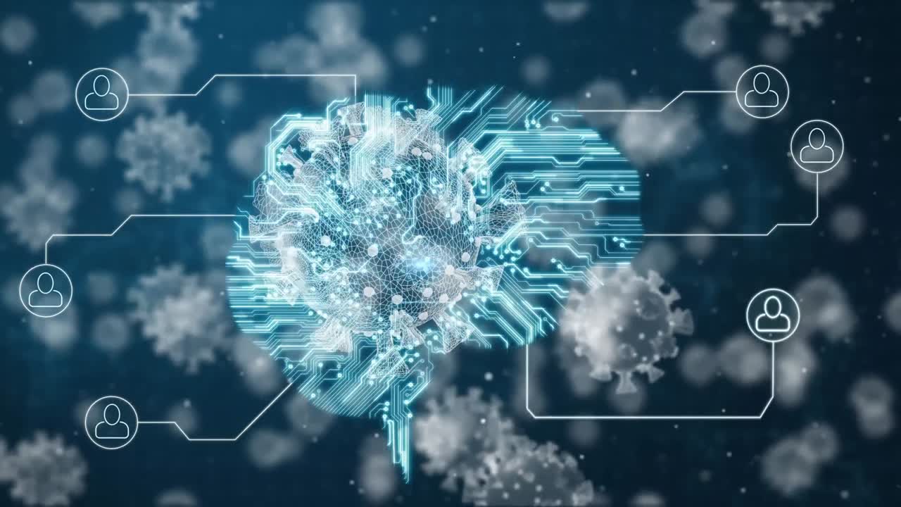 Animation of macro coronavirus Covid-19 cells floating over a network of conections with people icon