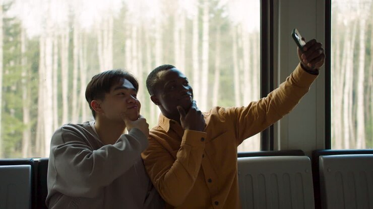 Friends taking selfies