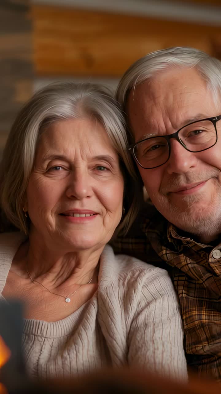 Vertical video: Leaning senior couple reacting to call on sofa facing phone, sweater and glasses
