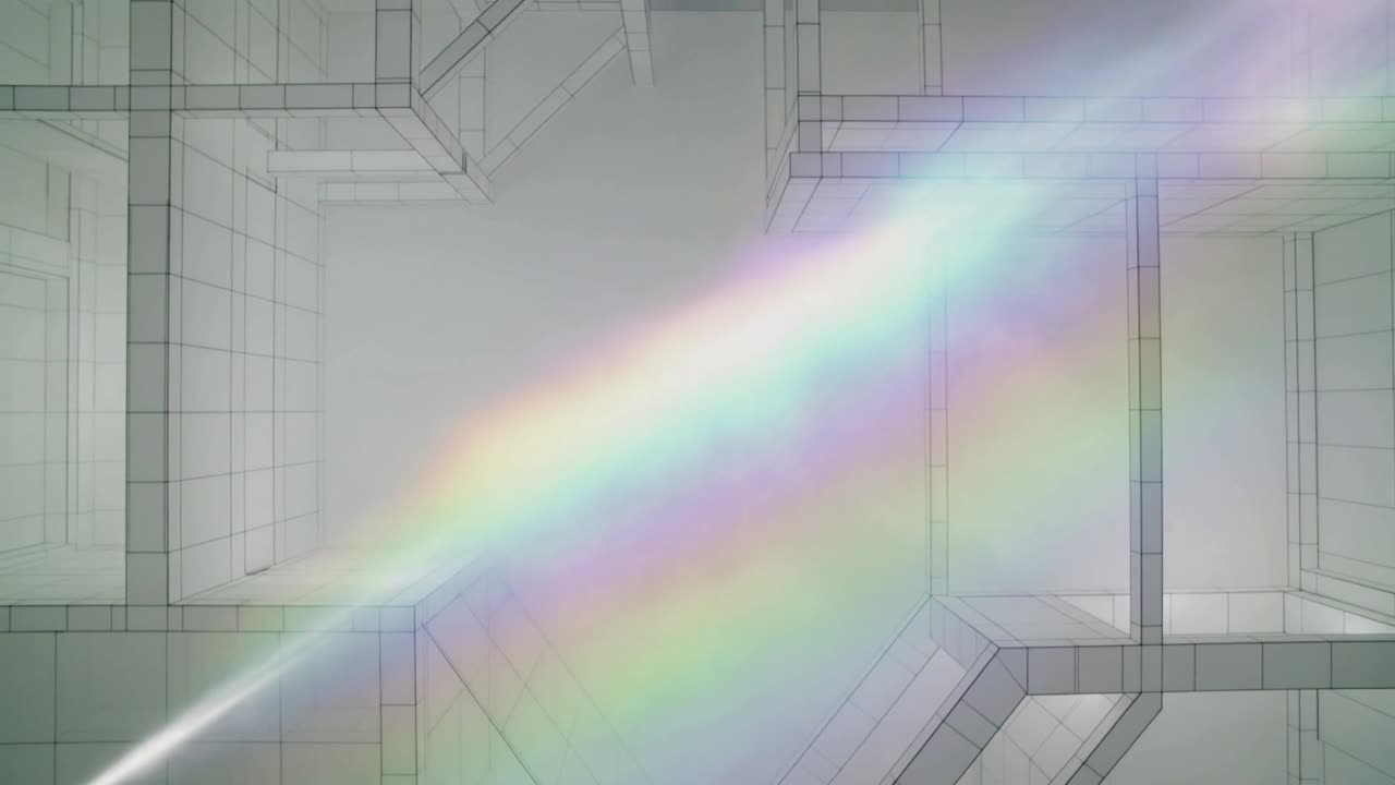 Sending white light at lower-left projecting diagonal rainbow beam across wireframe, lighting void
