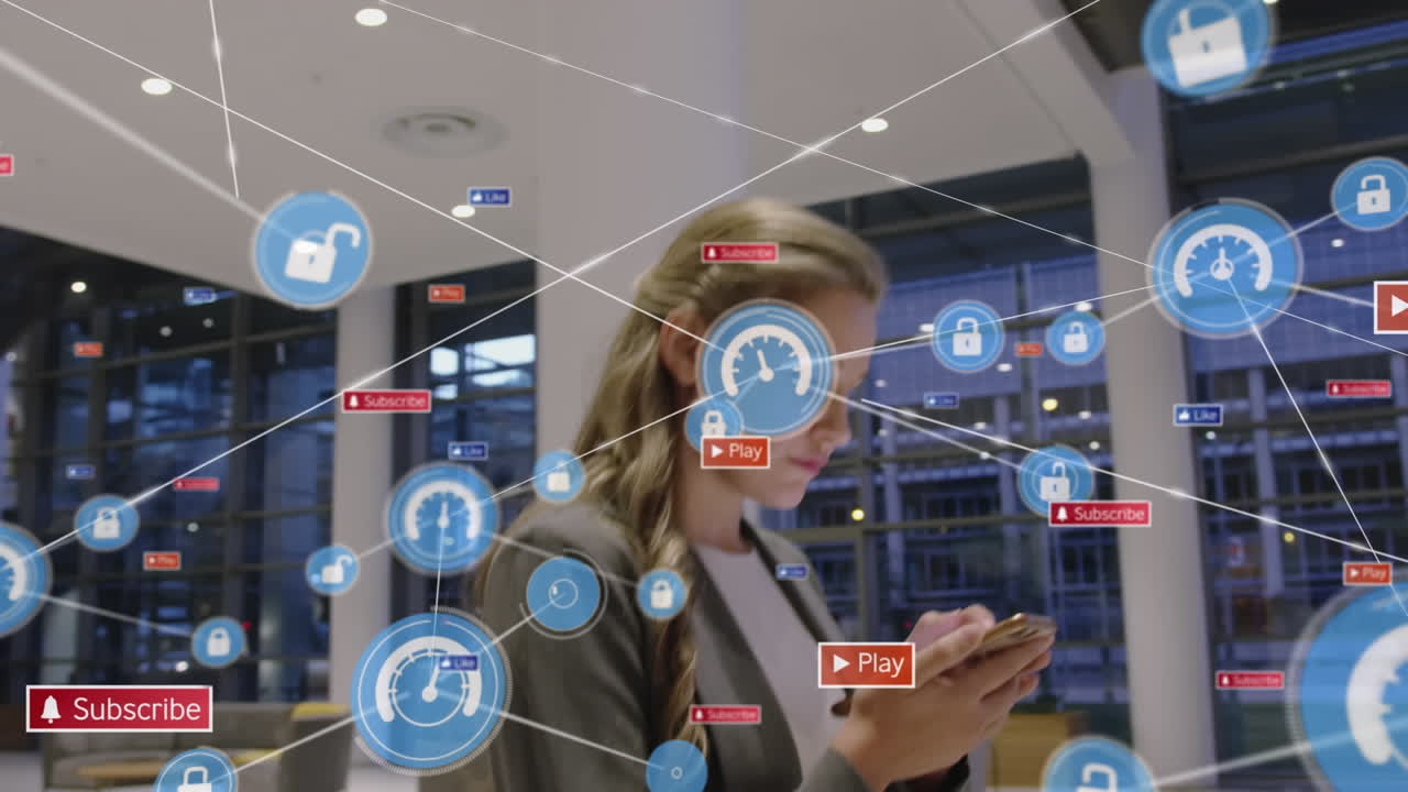 스마트폰을 사용하는 여성에 대한 아이콘과의 연결 네트워크의 애니메이션