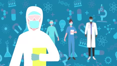 Health-worker-wearing-face-masks-against-science-concept-icons-on-blue-background