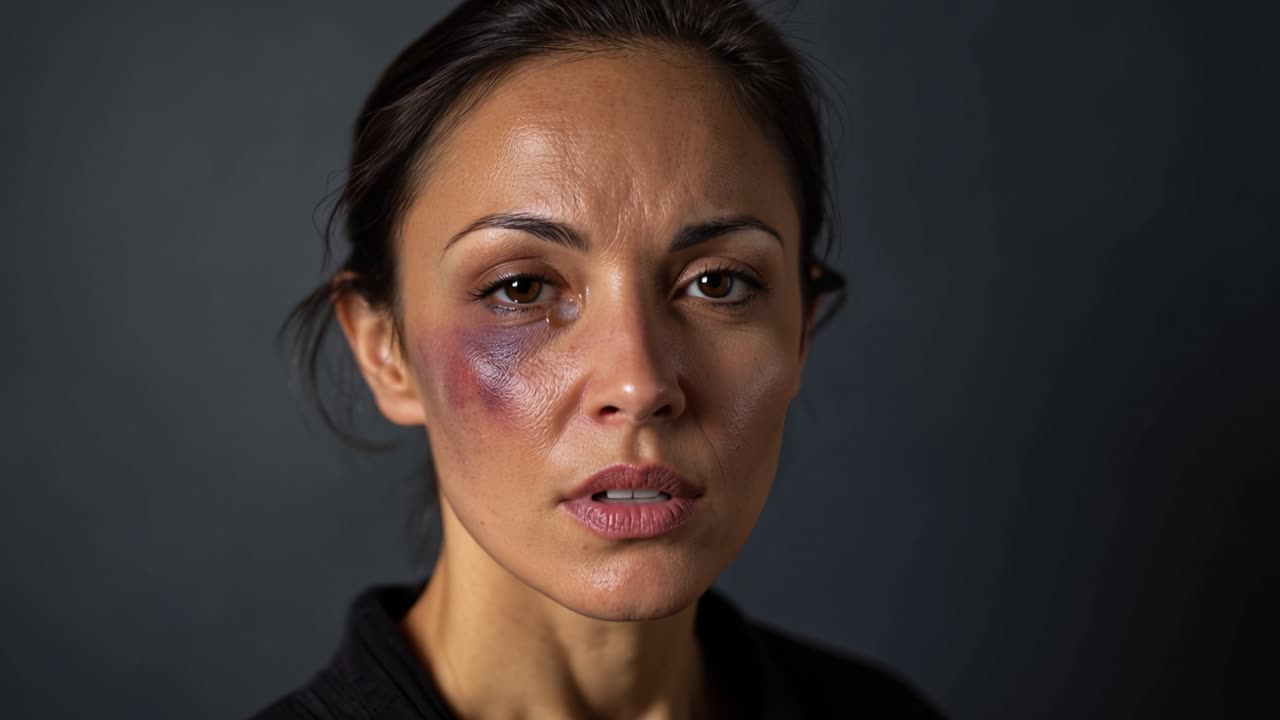 Mulher com o rosto machucado olha diretamente para a câmera. Sua expressão transmite dor e determinação. O fundo escuro enfatiza o peso emocional. Adequado para histórias de abuso ou resiliência.