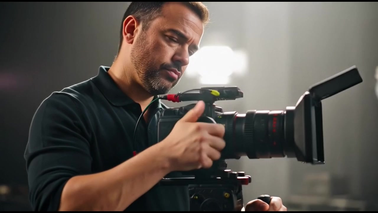 Videografo professionista che regola la messa a fuoco su una cinepresa in studio