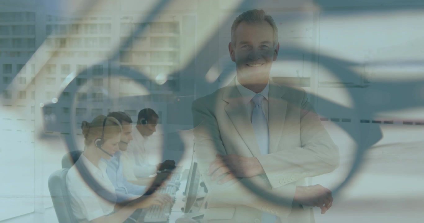 Manager turning as eyeglass overlay fading in, framing call-center agents and headsets, supervising