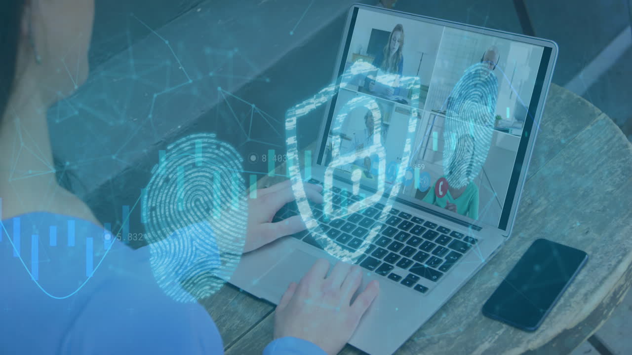 animación de candado de seguridad en línea y huellas dactilares biométricas sobre personas en videollamadas portátiles