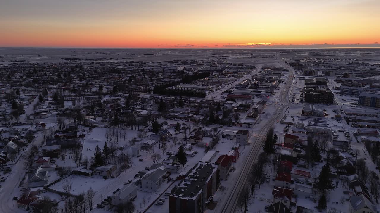 Aerial View Of Selfoss Town On The Banks Of The Ölfusá River During Sunset In Southern Iceland.