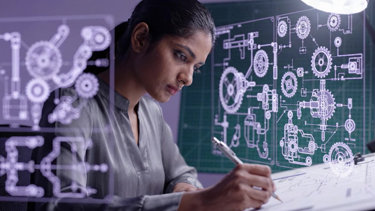 Focused Engineer Analyzing Technical Drawings and Designs with Precision in a Modern Workspace with Digital Overlays and High-tech Tools