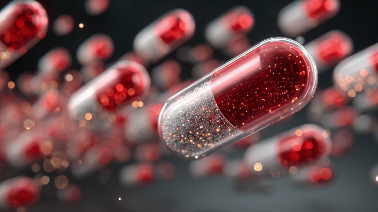 A Captivating Sequence of Floating Red Capsules with Sparkling Glitter, Showcasing the Intricacies of Pharmaceutical Design and Digital Visualization Techniques