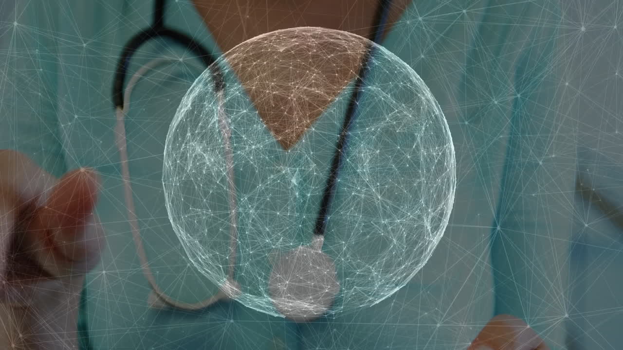 Medical professional with stethoscope and network sphere in hospital animation setting