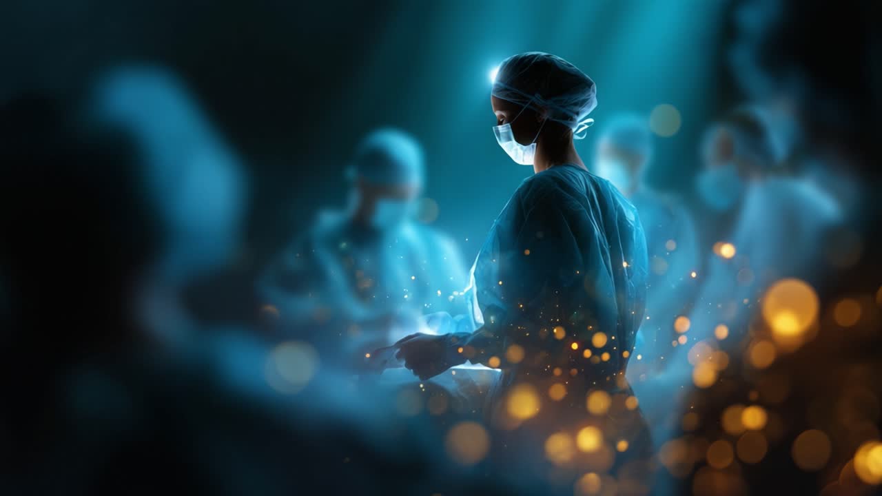 Un team chirurgico dedicato esegue una procedura complessa sotto luci chirurgiche intense, mostrando precisione e lavoro di squadra in un ambiente medico ad alto rischio
