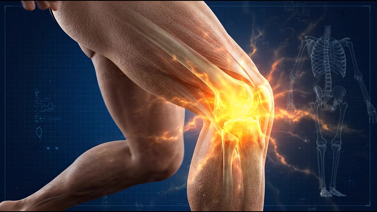 Close up medical illustration of knee pain and joint inflammation