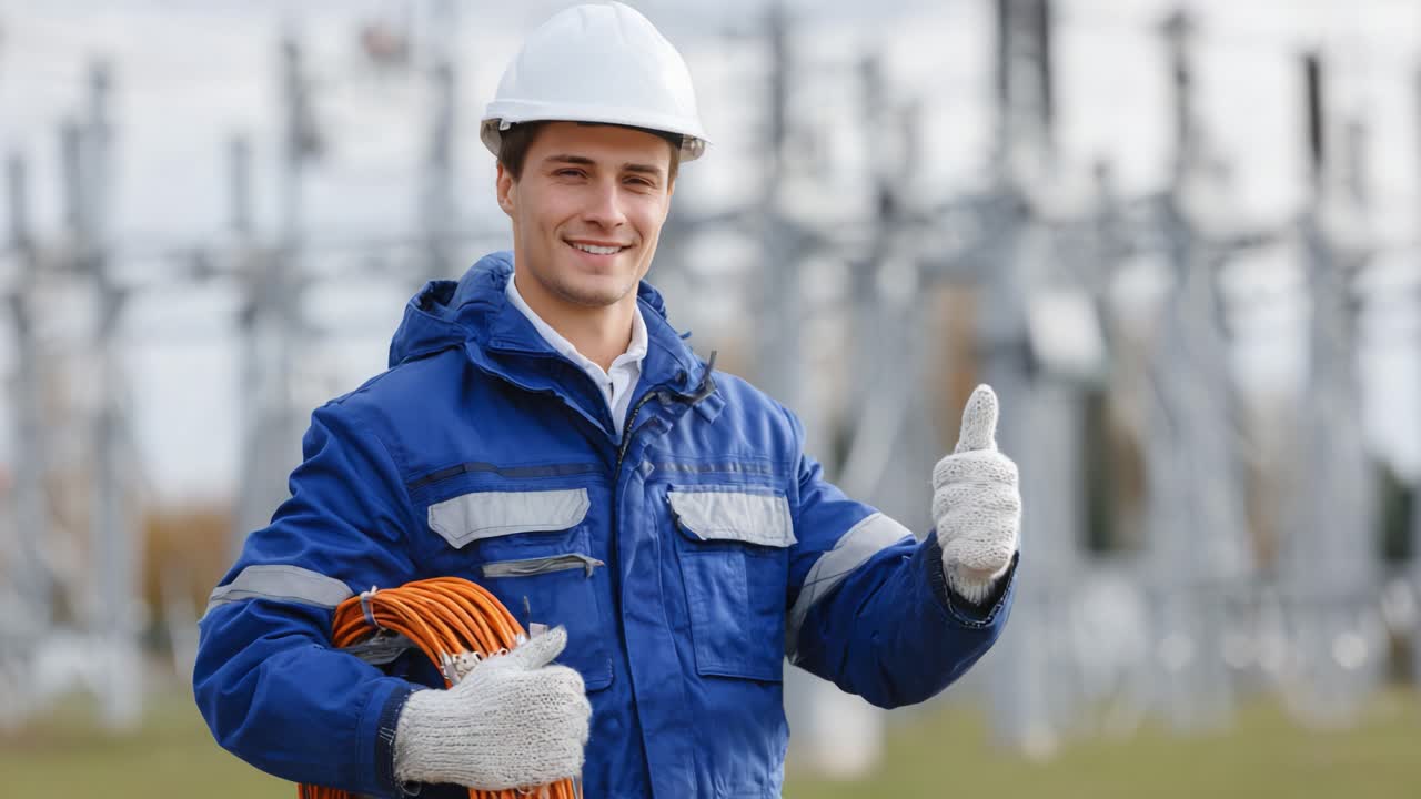 Confident Electrician at Work: Smiling Professional Gives Thumbs Up in Front of Power Station, Promoting Safety and Expertise in Electrical Maintenance