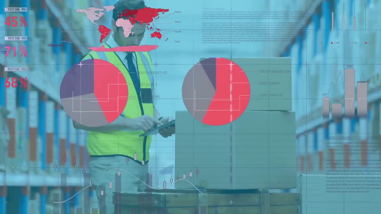 인포그래픽 인터페이스의 애니메이션, 카우카시안 남자가 카드보드 상자를 먹이는 디지털 태블릿의 세부 사항