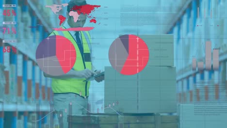 animación de la interfaz infográfica, hombre caucásico alimentando cajas de cartón detalles en tableta digital