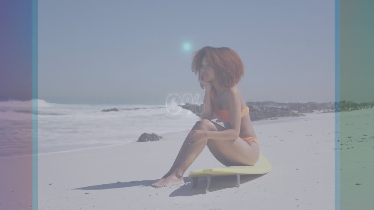 Woman sitting on surfboard at beach with progress animation overlay