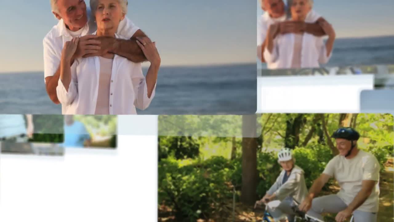 montaje de parejas maduras relajándose y montando en bicicleta