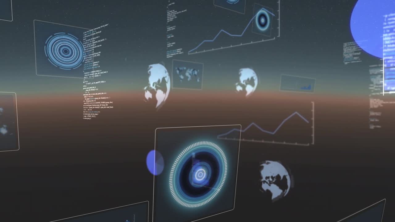 animación del procesamiento de datos y escaneo de alcance sobre globos