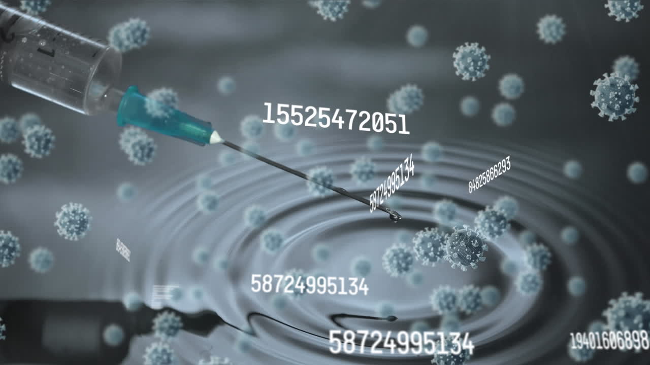 디지털 아트는 코로나19 팬데을 상징하는 떠다니는 세포와 주사기를 보여줍니다.