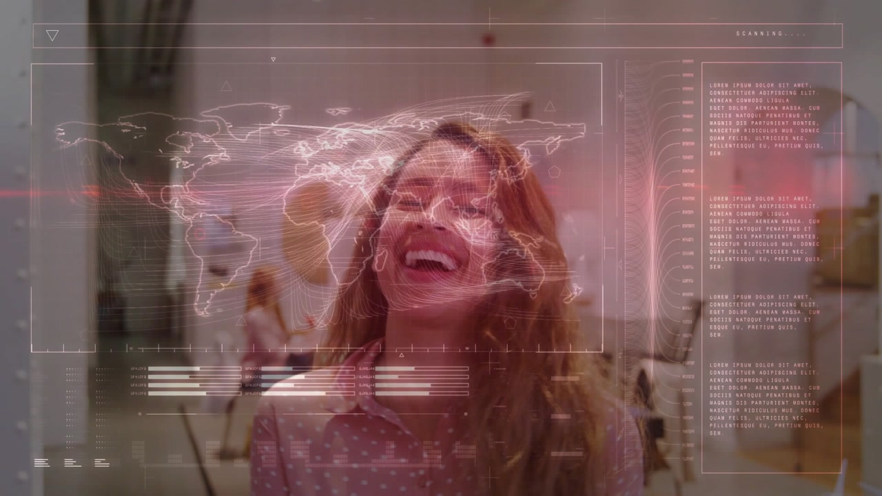Vertical video: Studio host reacting to off-camera cue, laughing as world-map overlay tracking face