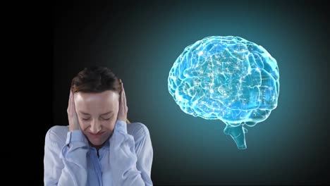 mujer caucásica con dolor de cabeza y cerebro digital en 3d durante la pandemia de coronavirus covid19