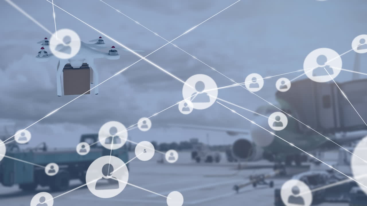 파셀과 풍경과 함께 드론을 통해 아이콘과 연결 네트워크의 애니메이션