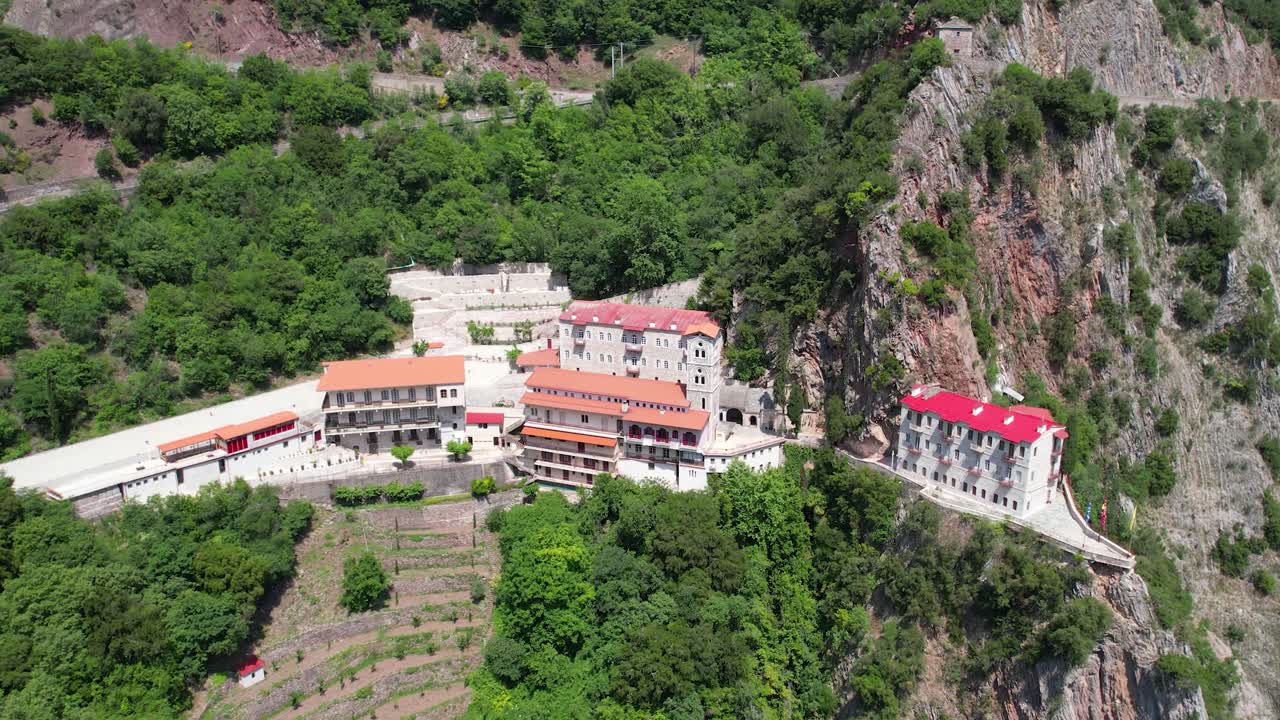 Aerial Point of Interest Shot of Proussos Monastery in Evrytania Karpenisi Greece