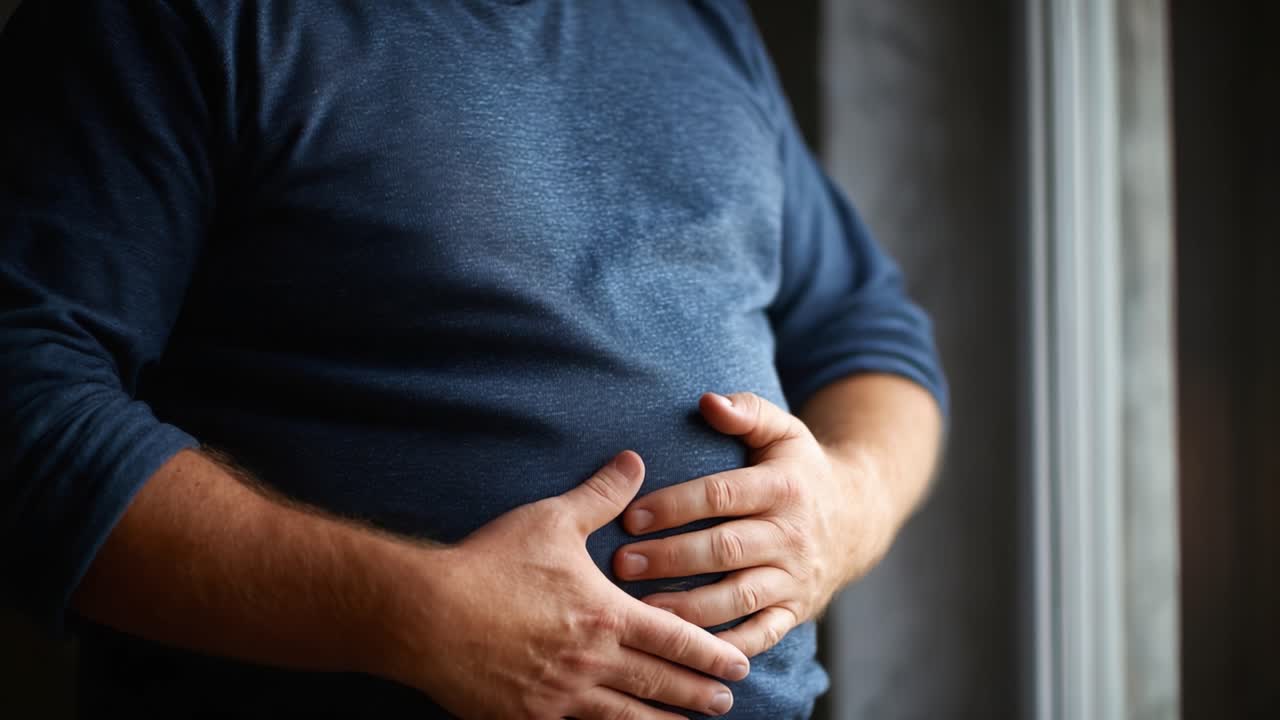 A person holding their stomach, displaying signs of discomfort or bloating, stands by a window while wearing a blue shirt, highlighting a moment of unease