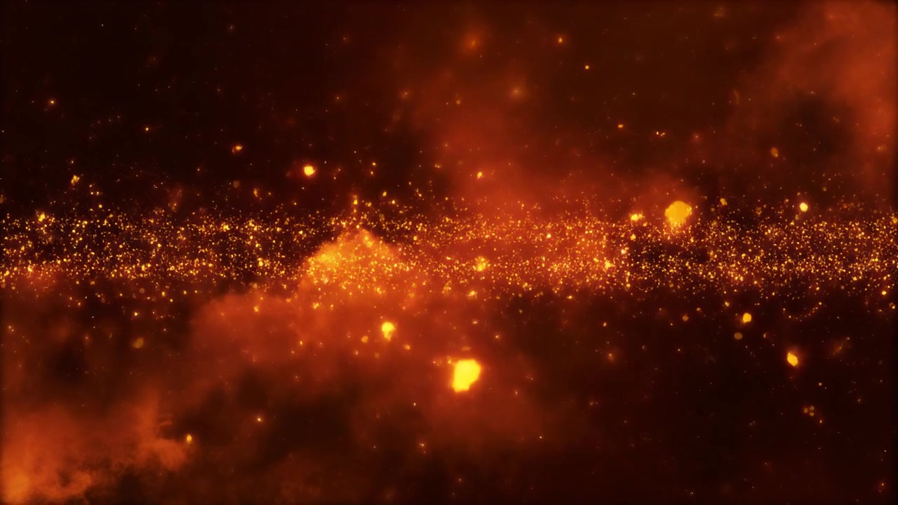 輝く金色の粒子とオレンジ色の星雲が漂う抽象的な動画背景