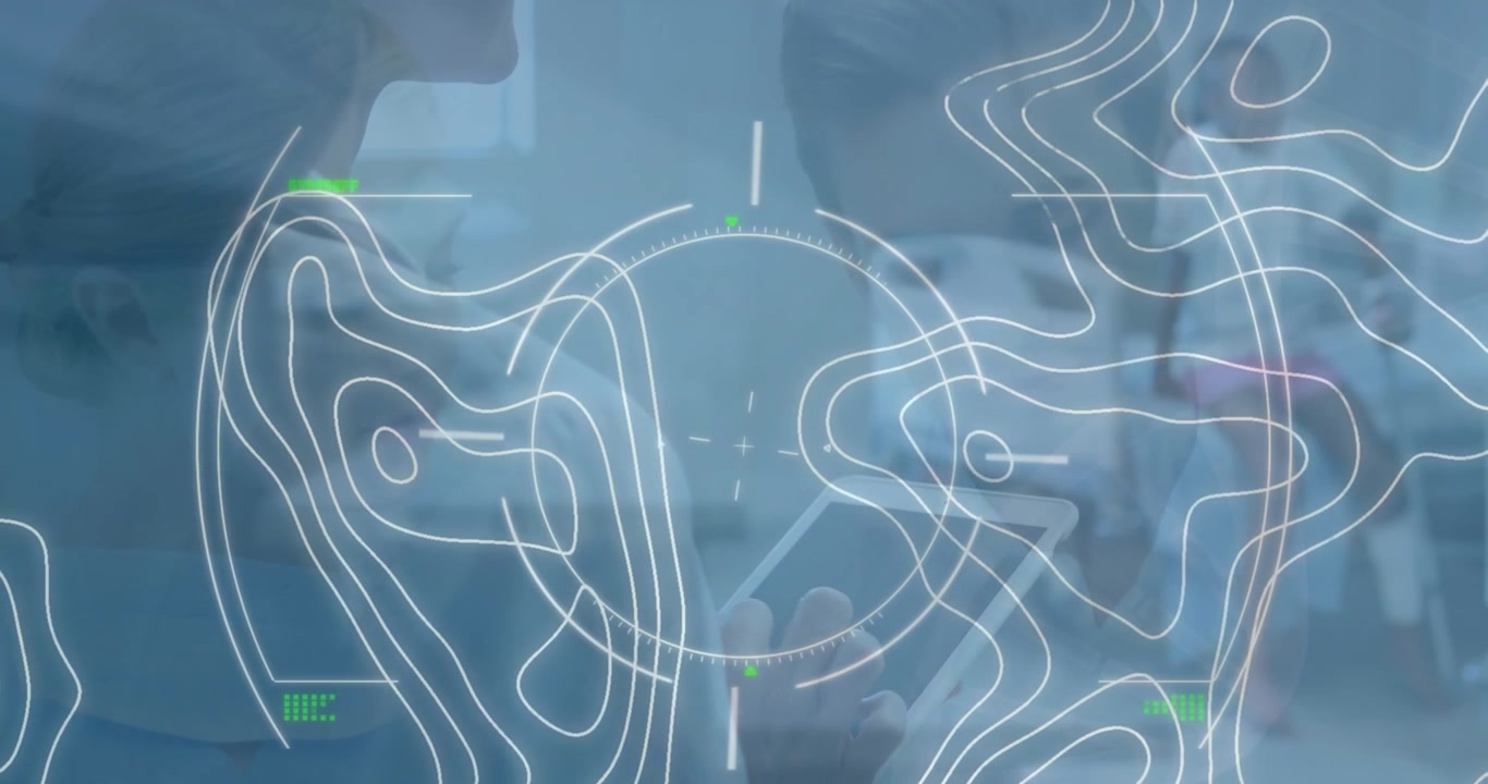Medical Professionals Using Digital Tablet with Futuristic Data Overlay
